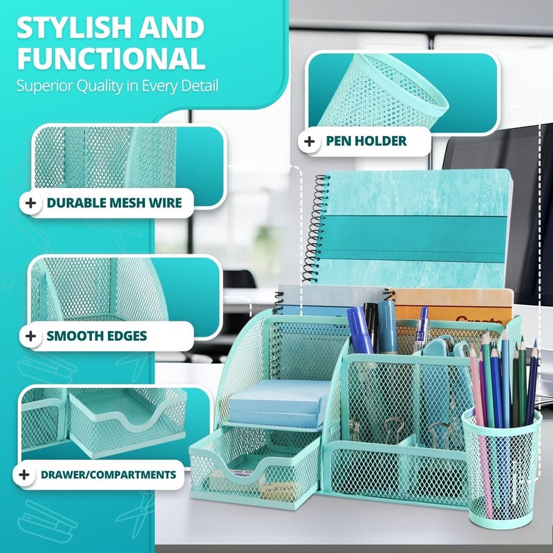 Flexzion Desk Caddy Organizer Set (Green) - Metal Mesh Desktop Caddy with Drawers, 6 Compartments, and Pencil Holder for Women & Men - Desktop Organizer and Storage for Work or Office Supplies - Image 4