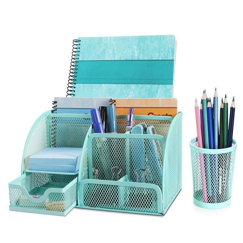 Flexzion Desk Caddy Organizer Set (Green) - Metal Mesh Desktop Caddy with Drawers, 6 Compartments, and Pencil Holder for Women & Men - Desktop Organizer and Storage for Work or Office Supplies - Image 1