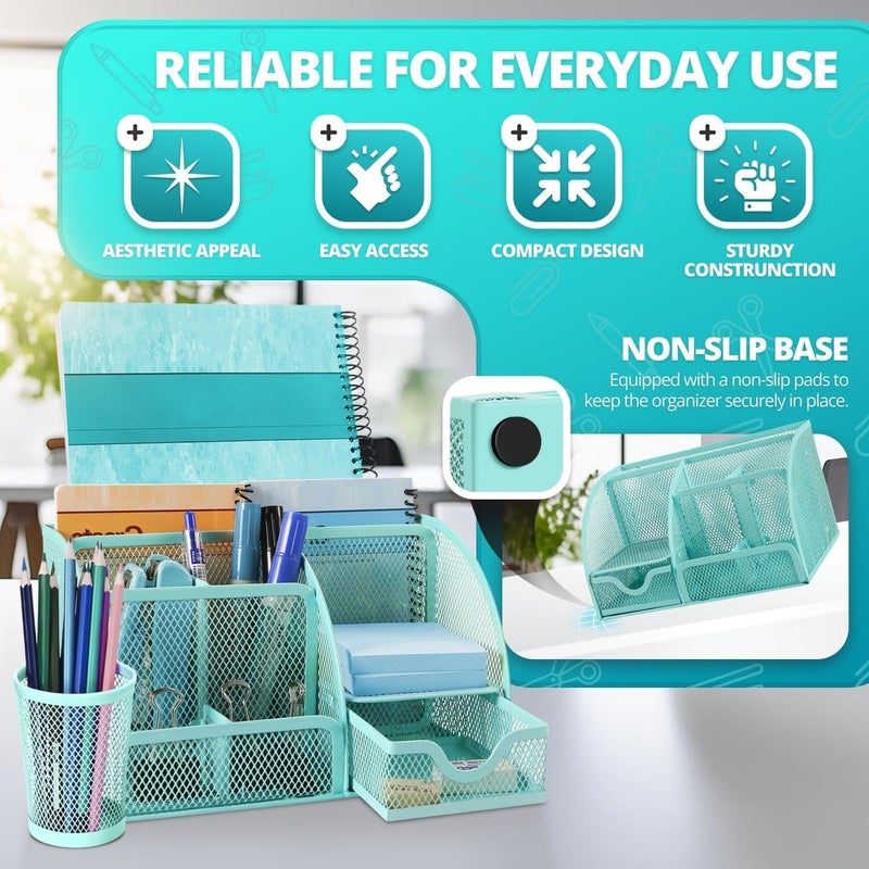Flexzion Desk Caddy Organizer Set (Green) - Metal Mesh Desktop Caddy with Drawers, 6 Compartments, and Pencil Holder for Women & Men - Desktop Organizer and Storage for Work or Office Supplies - Image 2