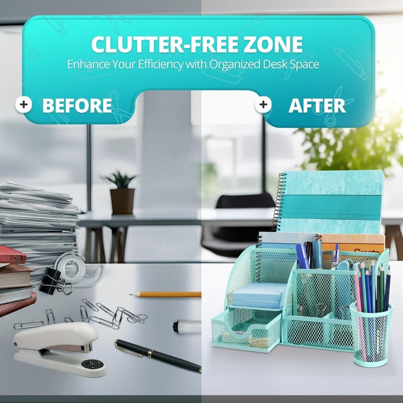 Flexzion Desk Caddy Organizer Set (Green) - Metal Mesh Desktop Caddy with Drawers, 6 Compartments, and Pencil Holder for Women & Men - Desktop Organizer and Storage for Work or Office Supplies - Image 5