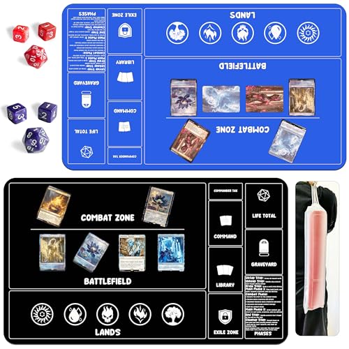 HaoSiTeck Card Game Playmats MTG Playmat for Beginner 2 Pack with Dices Magic Mat Commander Deck Card Playmat for TCG MTG Accessories Play Mat 24x14 Inches Duel Card Battles BlackBlue - Image 1