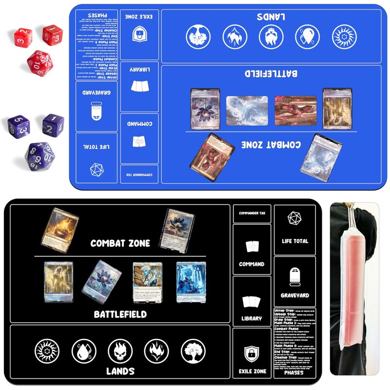HaoSiTeck Card Game Playmats MTG Playmat for Beginner 2 Pack with Dices Magic Mat Commander Deck Card Playmat for TCG MTG Accessories Play Mat 24x14 Inches Duel Card Battles BlackBlue - Image 2
