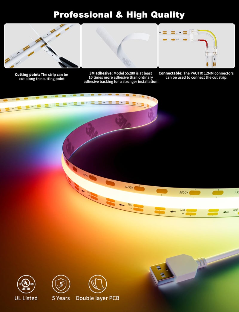 PAUTIX RGB Smart IC USB LED Light,5V RGB COB LED Strip USB Powered,UL-Listed Multicolor Flexible Tape Light 6.56ft/2m with Music Mode/APP Control,for TV,Scooter,Computer Desk Decor - Image 4