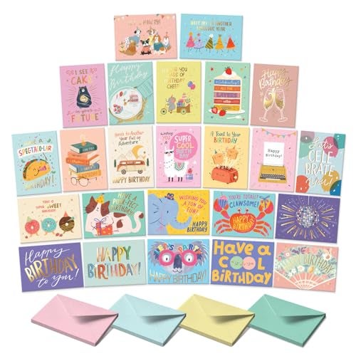Sweetzer & Orange S&O Box of Birthday Cards with Envelopes - Bulk 24 Unique Happy Day Notes - Colorful Birthday Decor Bulk for Office & Home - Assorted Party Cards with Envelopes - 4x5.5” - Image 1
