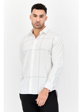 Selected Homme Men Drop Shoulder Grid Pattern Long Sleeve Casual Shirt, White  - Image 1