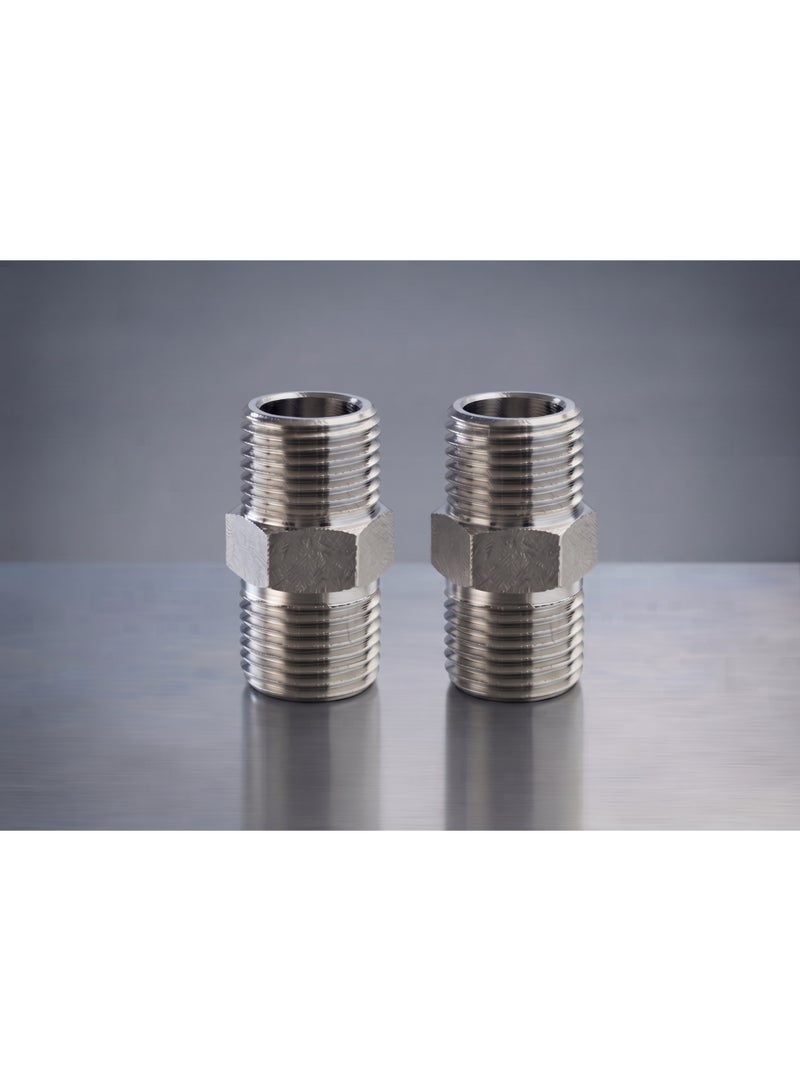 Two half-inch nickel nipples - hexagonal metal pipe fitting - Image 1