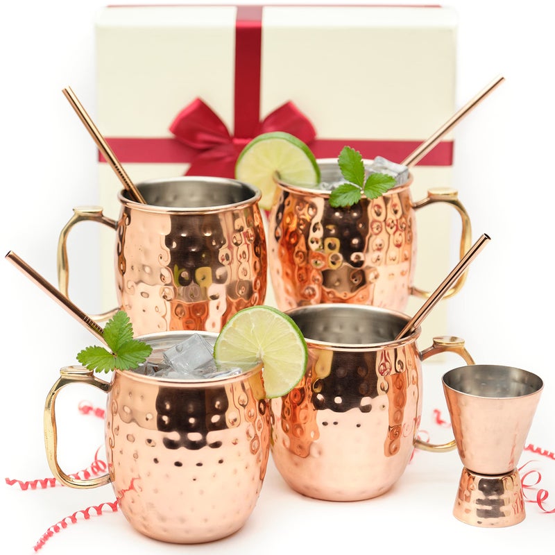 Kitchen Science Copper Moscow Mule Mug Gift Set 4 TarnishResistant 19 oz Mugs with Stainless Steel Interior 4 Straws Jigger Ideal for Cocktails Bars Gifts