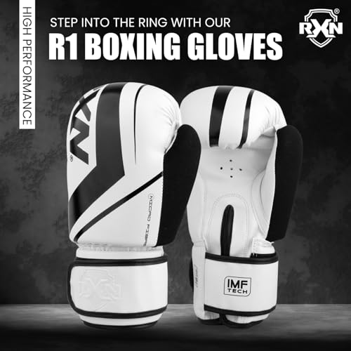 RXN R1 Boxing Gloves with Microfiber Thumb, Premium, High-Performance & Durable for Men, Women & Kids, Training, Kickboxing, Taekwondo, MMA, Muay Thai & Martial Arts (White/Black, 14oz) - Image 2