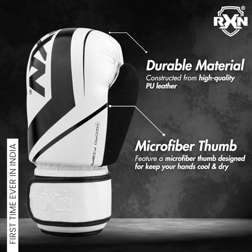 RXN R1 Boxing Gloves with Microfiber Thumb, Premium, High-Performance & Durable for Men, Women & Kids, Training, Kickboxing, Taekwondo, MMA, Muay Thai & Martial Arts (White/Black, 14oz) - Image 4