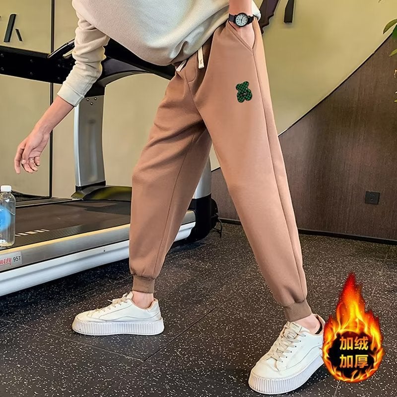 Winter European Station Fleece-Lined Thickened Pants Casual Pants Ankle-Tied Pants Sports Pants Trendy Brand Boy Student Bear Pants - Image 2