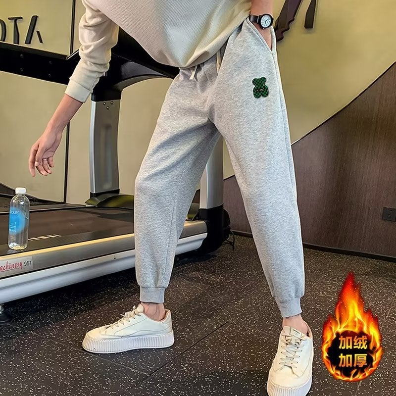 Winter European Station Fleece-Lined Thickened Pants Casual Pants Ankle-Tied Pants Sports Pants Trendy Brand Boy Student Bear Pants - Image 3