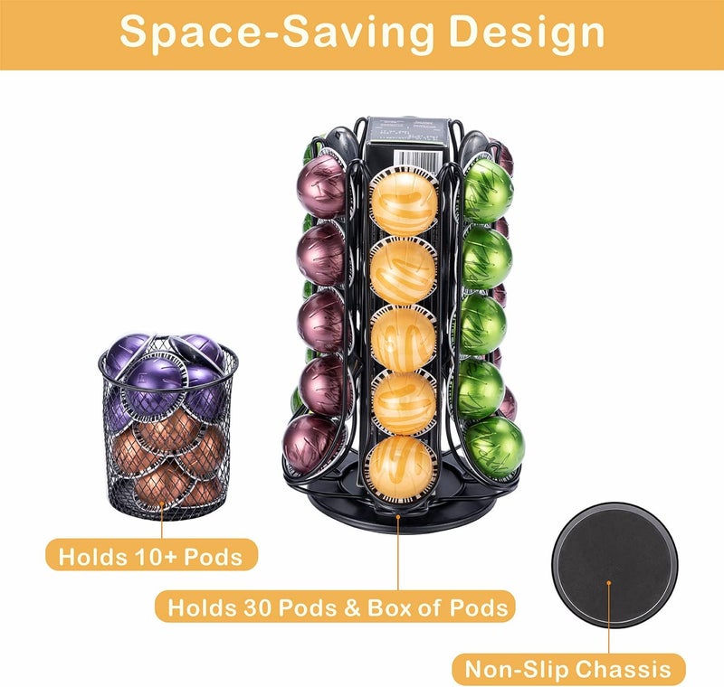 Flagship for Nespresso Pod Holder Coffee Pod Carousel for Vertuo Pod Storage with Extra Basket 360° Silent Rolling(30+ Pods & 1 Box Capacity) - Image 3