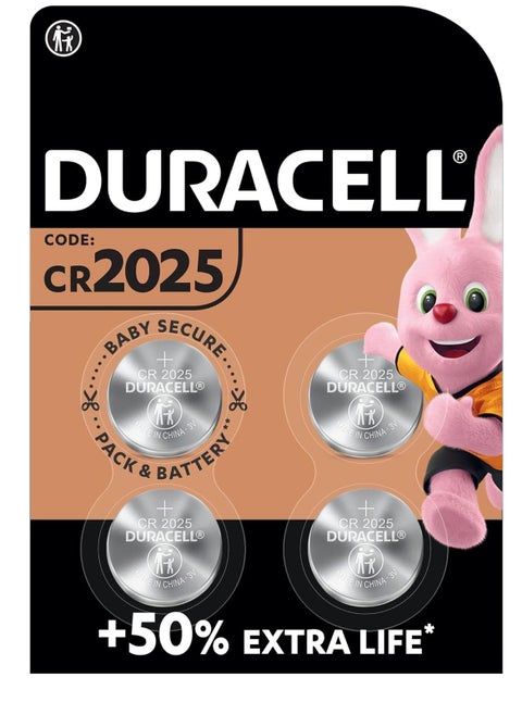 Duracell 2025 Lithium Coin Battery 3V, pack of 4, with Baby Secure Technology and suitable for keyfobs, scales, wearables and medical devices