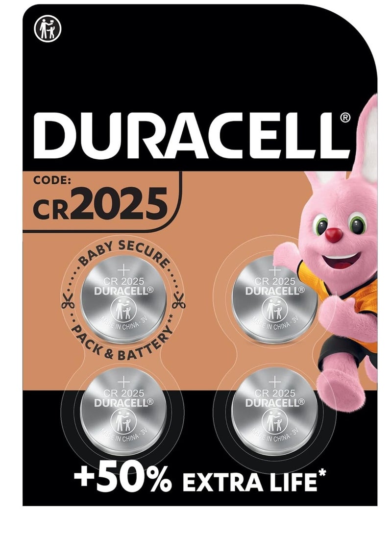 Duracell 2025 Lithium Coin Battery 3V, pack of 4, with Baby Secure Technology and suitable for keyfobs, scales, wearables and medical devices