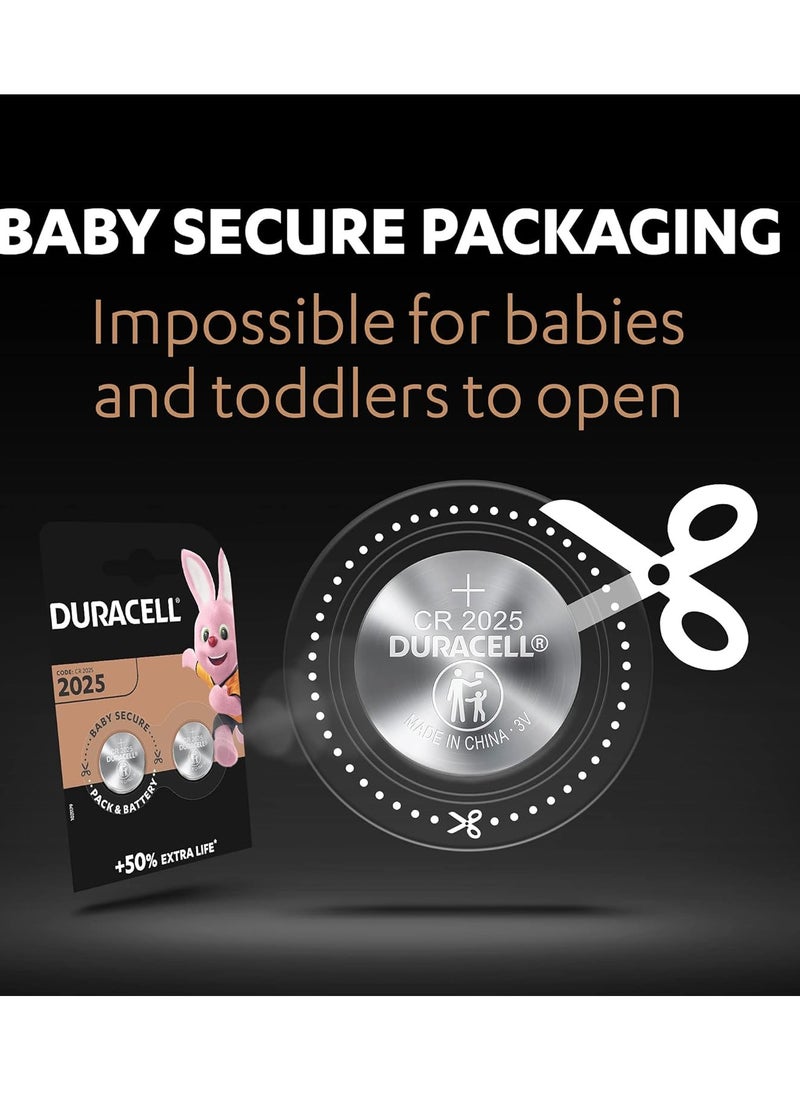 Duracell 2025 Lithium Coin Battery 3V, pack of 4, with Baby Secure Technology and suitable for keyfobs, scales, wearables and medical devices
