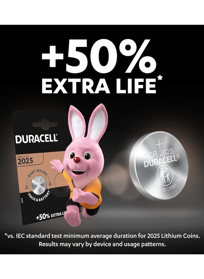 Duracell 2025 Lithium Coin Battery 3V, pack of 4, with Baby Secure Technology and suitable for keyfobs, scales, wearables and medical devices