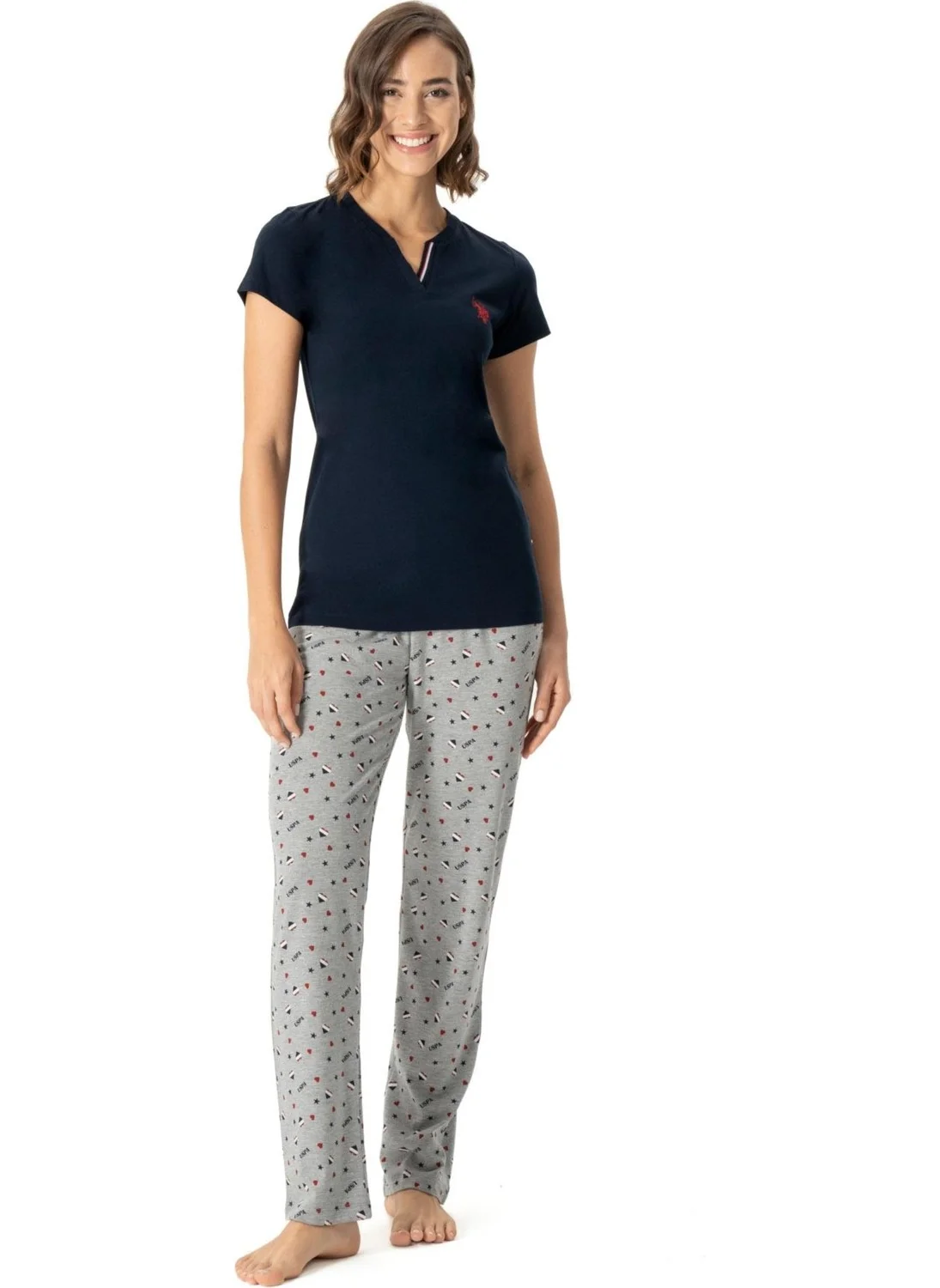 U.S. Polo Assn. Women's V Neck Short Sleeve Homewear Pajama Set