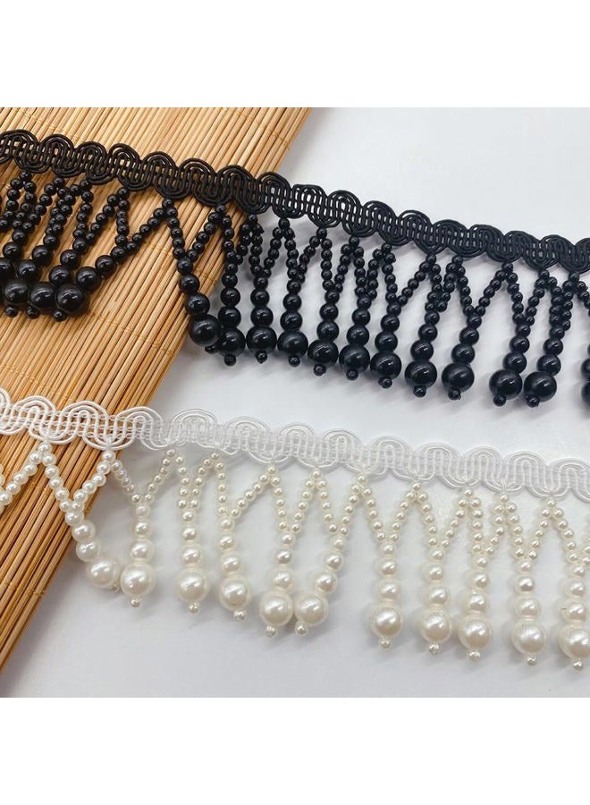 Kuasting 3 Yards Black Pearl Bead Tassel Lace Ribbon Applique Pearl Fringe Tassle Beaded Lace Ribbon Sewing Clothing Edge Curtain for Sewing, Wedding, Bridal Dress, Sash, Belt (Black) - Image 4