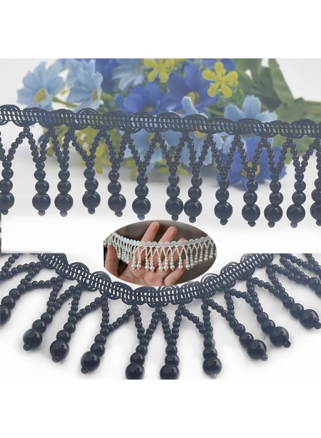 Kuasting 3 Yards Black Pearl Bead Tassel Lace Ribbon Applique Pearl Fringe Tassle Beaded Lace Ribbon Sewing Clothing Edge Curtain for Sewing, Wedding, Bridal Dress, Sash, Belt (Black) - Image 1