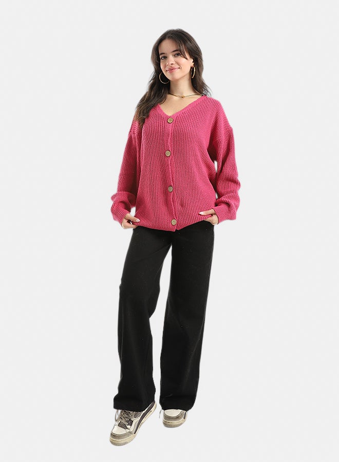 Andora Long Sleeves Self Patterened Knitted Pullover _ Fuchsia - Image 5