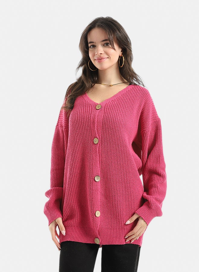 Andora Long Sleeves Self Patterened Knitted Pullover _ Fuchsia - Image 1