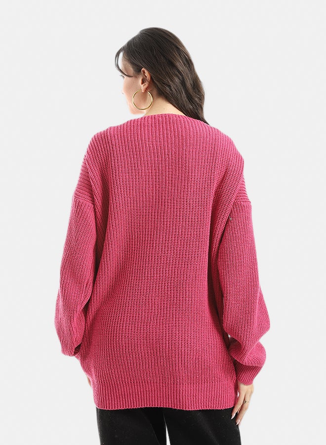 Andora Long Sleeves Self Patterened Knitted Pullover _ Fuchsia - Image 4