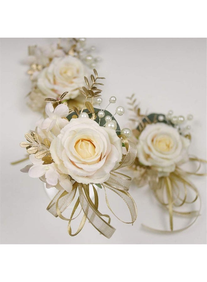 USIX 2pc Pack-Handmade Artificial Flower Rose with Gold Leaves Ribbons Artificial Pearls Wrist Corsage Hand Flower with Elastic Wristband for Girl Bridesmaid Wedding Party Prom - Image 3