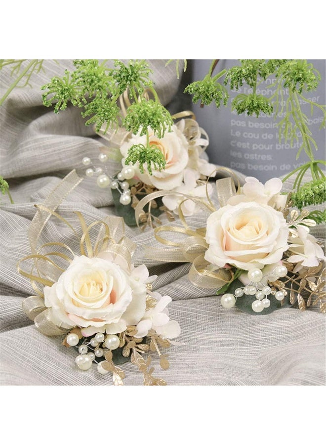 USIX 2pc Pack-Handmade Artificial Flower Rose with Gold Leaves Ribbons Artificial Pearls Wrist Corsage Hand Flower with Elastic Wristband for Girl Bridesmaid Wedding Party Prom - Image 4