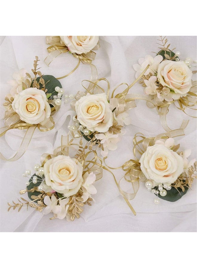 USIX 2pc Pack-Handmade Artificial Flower Rose with Gold Leaves Ribbons Artificial Pearls Wrist Corsage Hand Flower with Elastic Wristband for Girl Bridesmaid Wedding Party Prom - Image 2
