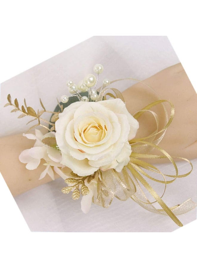 USIX 2pc Pack-Handmade Artificial Flower Rose with Gold Leaves Ribbons Artificial Pearls Wrist Corsage Hand Flower with Elastic Wristband for Girl Bridesmaid Wedding Party Prom - Image 1