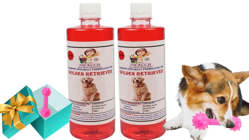 swacch Golden Retriever Dog Shampoo + Dumbbell Toy I Durable Rubber Dog Toy for Chewing I Playing,Teeth Cleaning & Training Toy I Combo Pack I 500ml Pack of 2 Strawberry - Image 1