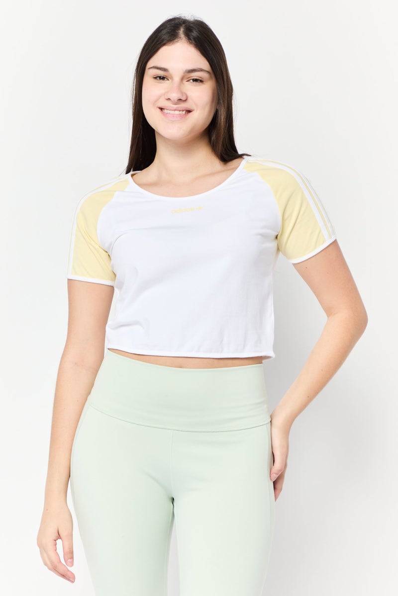 adidas Originals Women Sportswear Fit Short Sleeve Outdoor Top, White/Yellow  - Image 1