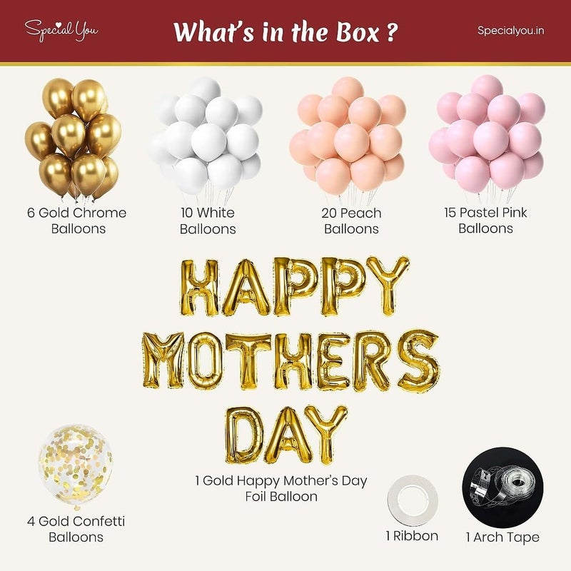SpecialYou.in Special You Mother's Day Decoration Items with Peach, Gold, Pink and white balloons for decoration, Happy mothers day gold foil balloon set, Pastel Balloons for decoration- 58 Pcs - Image 2
