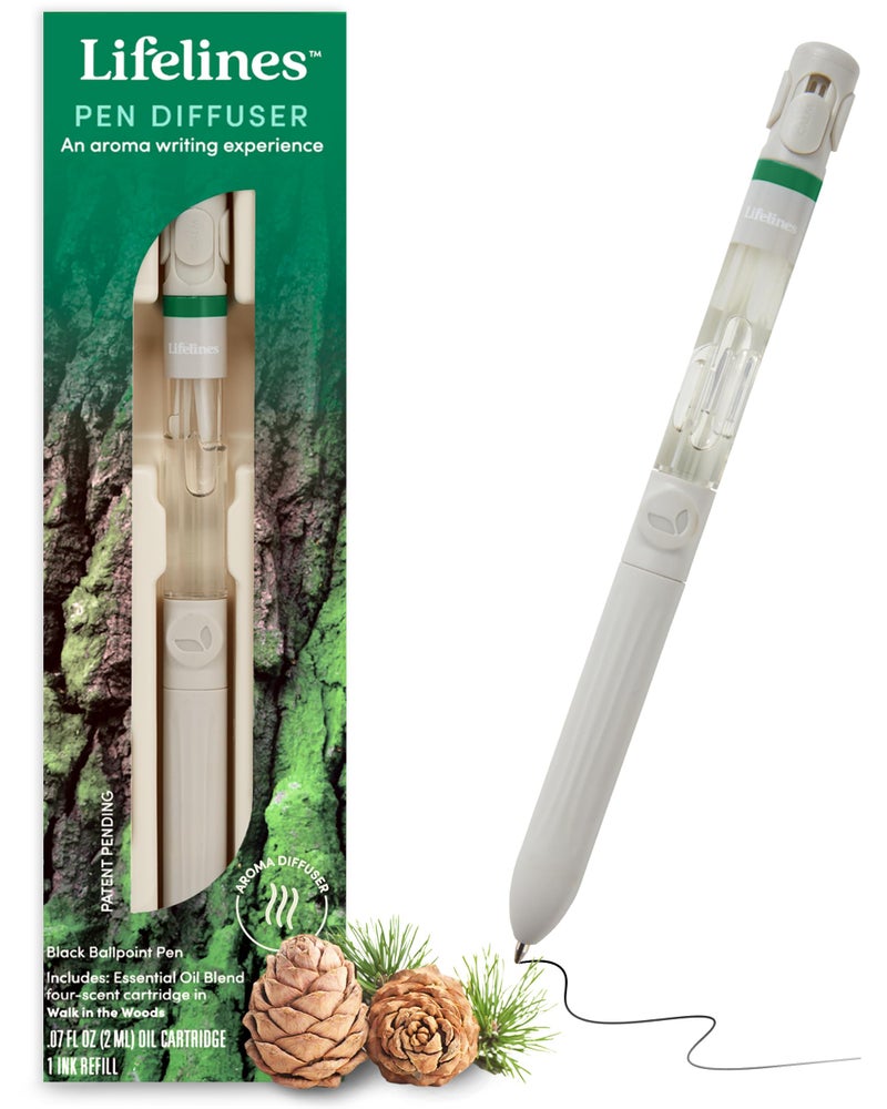 قلم ديفيوزر لايفلاينز - نزهة في الغابة 1 مم قلم حبر جاف أسود مع خلطات زيوت عطرية معطرة ديفيوزر للعلاج بالروائح غمر حسي لنشر العطر أثناء الكتابة