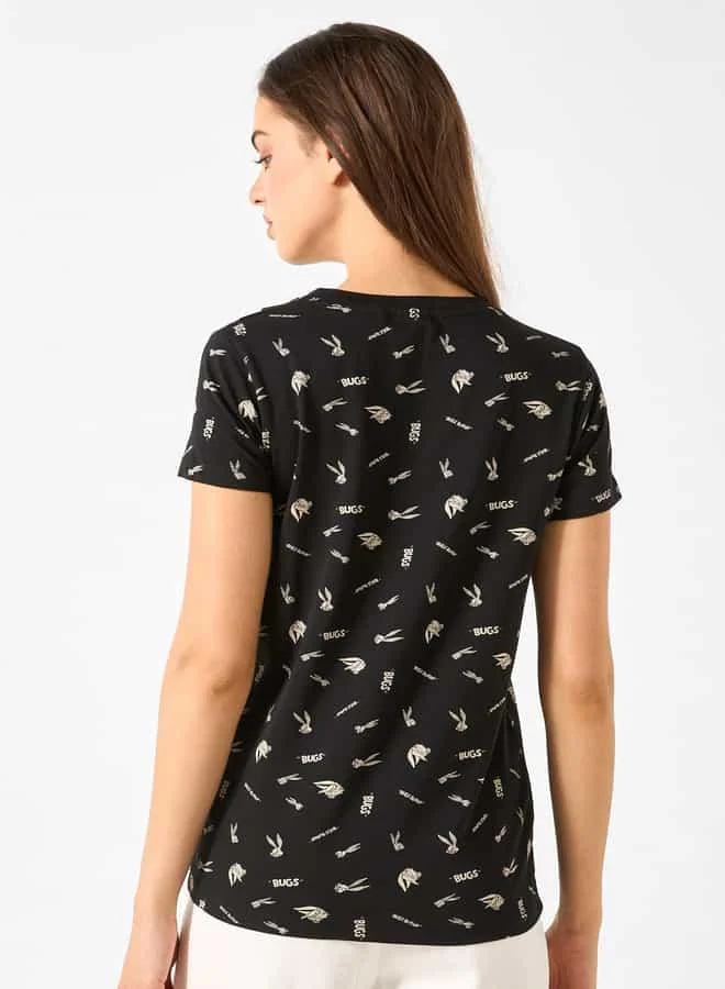 اس بي كاركترز All-Over Bugs Bunny Print Crew Neck T-shirt with Short Sleeves