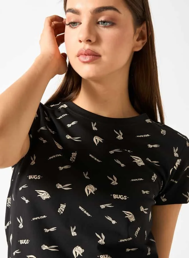 اس بي كاركترز All-Over Bugs Bunny Print Crew Neck T-shirt with Short Sleeves