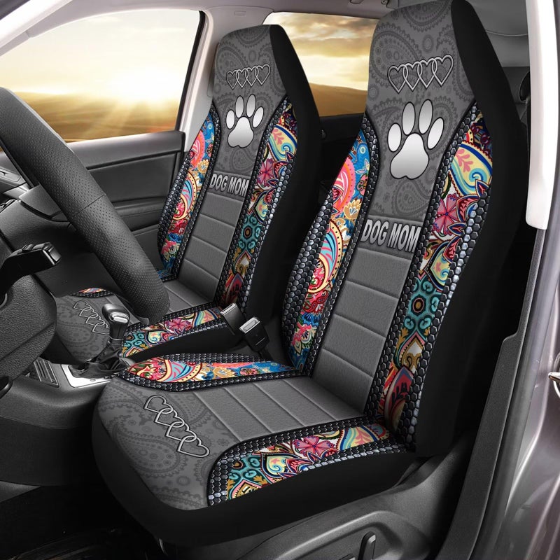Howilath Seat Covers for Cars 2 Piece Vehicle Protector, Boho Floral & Dog Paw Printed Bucket Car Seat Covers, Universal Fit for Auto Truck Van SUV - Image 1