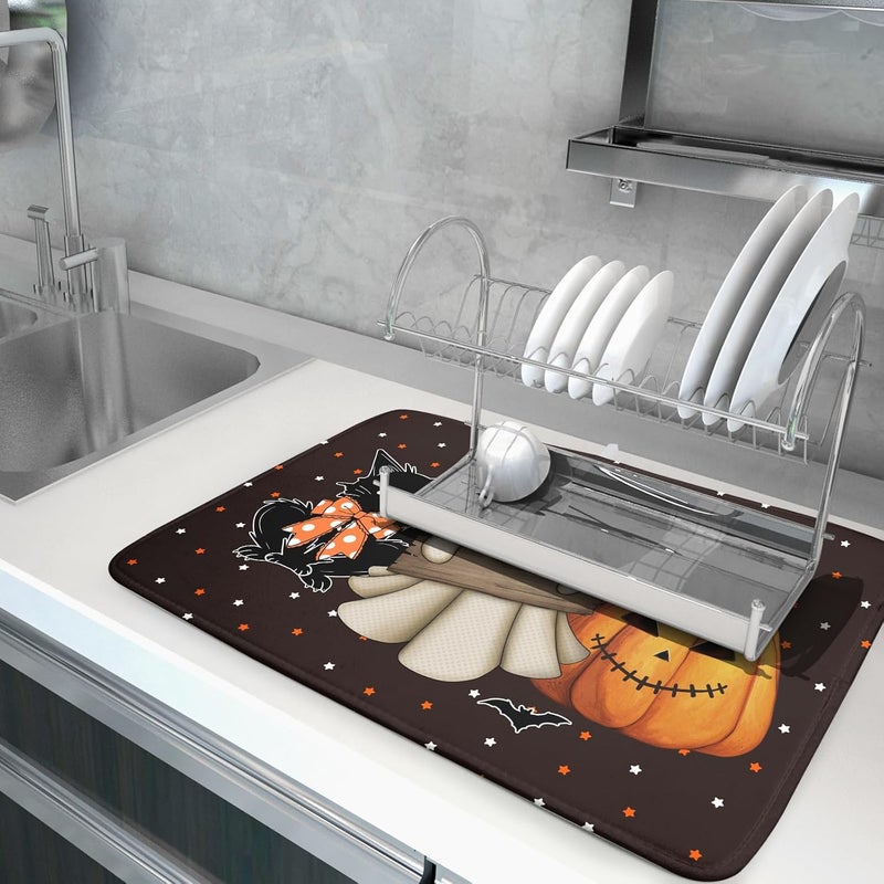 Giwawa 18"x24" Halloween Dish Drying Mat Spooky Pumpkin Ghost Black Cat Bats Kitchen Drainer Mats Holiday Gothic Reversible Microfiber Dish Drying Pad Large Size for Countertop Tabletop Decor - Image 5