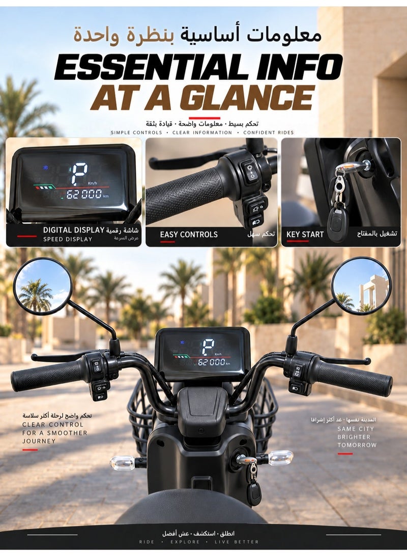 ITQAN RASEEL Two-seater electric scooter for adults, 60V 600W  Motor, 65KM/H Max Speed, Rang 50-60KM, Supports up to 150 KG, 14 Inch Tyre Equipped with Includes Front Basket and Double Seats, Digital Display, Anti-Theft and remote control, LED Headlights,  Electric motorcycles and high-speed electric bikes for adults—perfect for daily family commuting. - Image 4