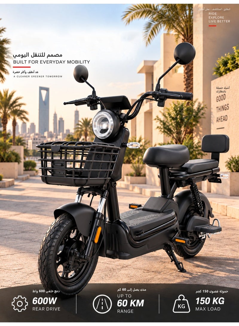 ITQAN RASEEL Two-seater electric scooter for adults, 60V 600W  Motor, 65KM/H Max Speed, Rang 50-60KM, Supports up to 150 KG, 14 Inch Tyre Equipped with Includes Front Basket and Double Seats, Digital Display, Anti-Theft and remote control, LED Headlights,  Electric motorcycles and high-speed electric bikes for adults—perfect for daily family commuting. - Image 2