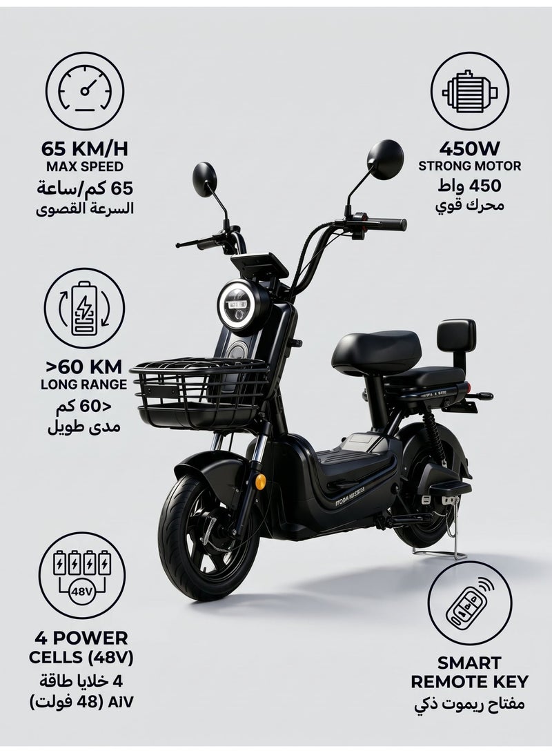 ITQAN RASEEL Two-seater electric scooter for adults, 60V 600W  Motor, 65KM/H Max Speed, Rang 50-60KM, Supports up to 150 KG, 14 Inch Tyre Equipped with Includes Front Basket and Double Seats, Digital Display, Anti-Theft and remote control, LED Headlights,  Electric motorcycles and high-speed electric bikes for adults—perfect for daily family commuting. - Image 1