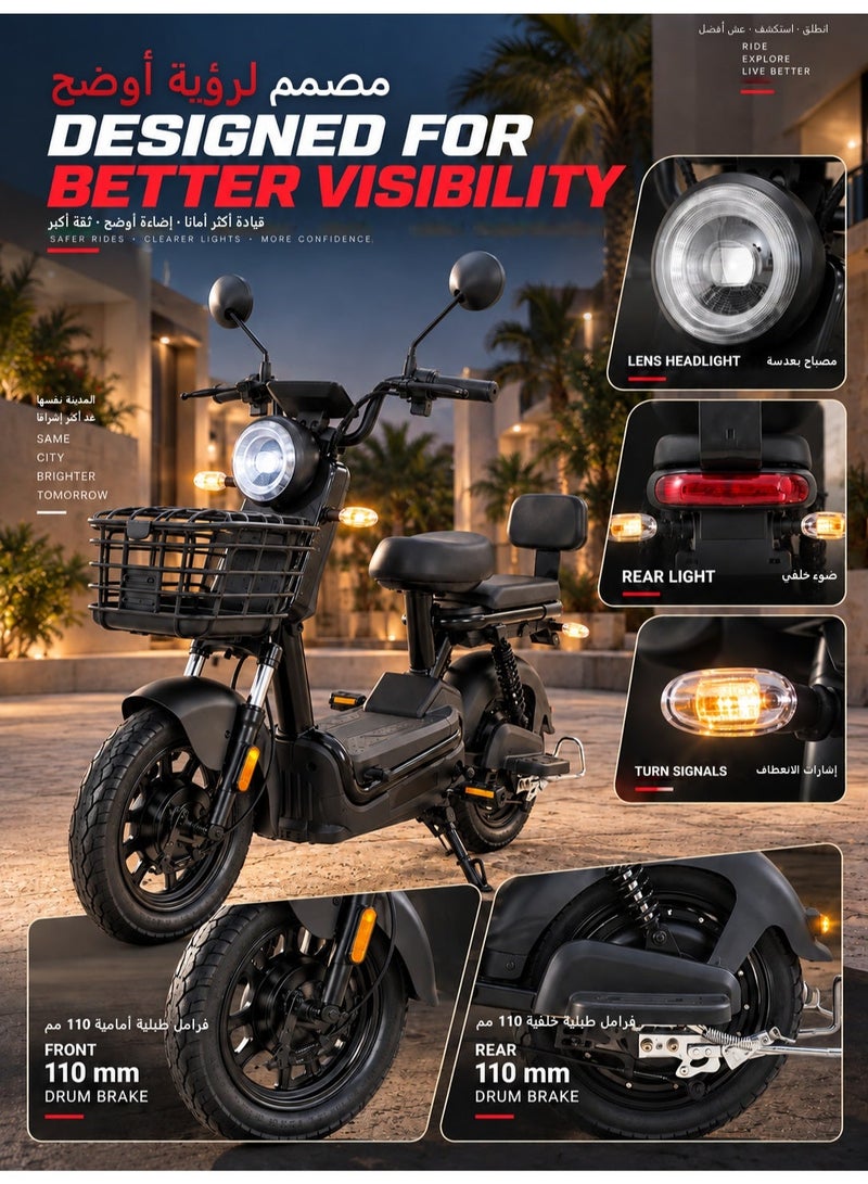 ITQAN RASEEL Two-seater electric scooter for adults, 60V 600W  Motor, 65KM/H Max Speed, Rang 50-60KM, Supports up to 150 KG, 14 Inch Tyre Equipped with Includes Front Basket and Double Seats, Digital Display, Anti-Theft and remote control, LED Headlights,  Electric motorcycles and high-speed electric bikes for adults—perfect for daily family commuting. - Image 5