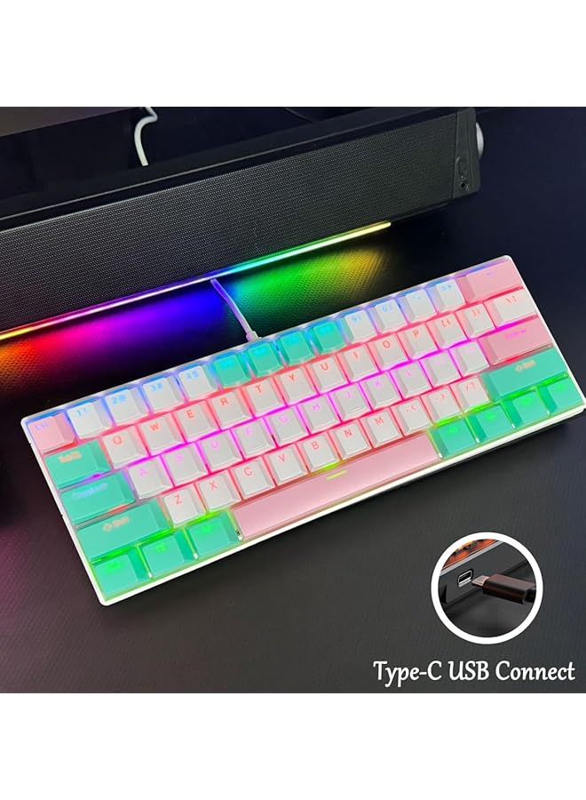 61 Keys Rgb Gaming Keyboard 60% Mini Wired Waterproof With Anti Ghosting Keyboard And Three Color Keycaps With Red Switch For Gamers(White Tiffany Green And Light Pink) - Image 5