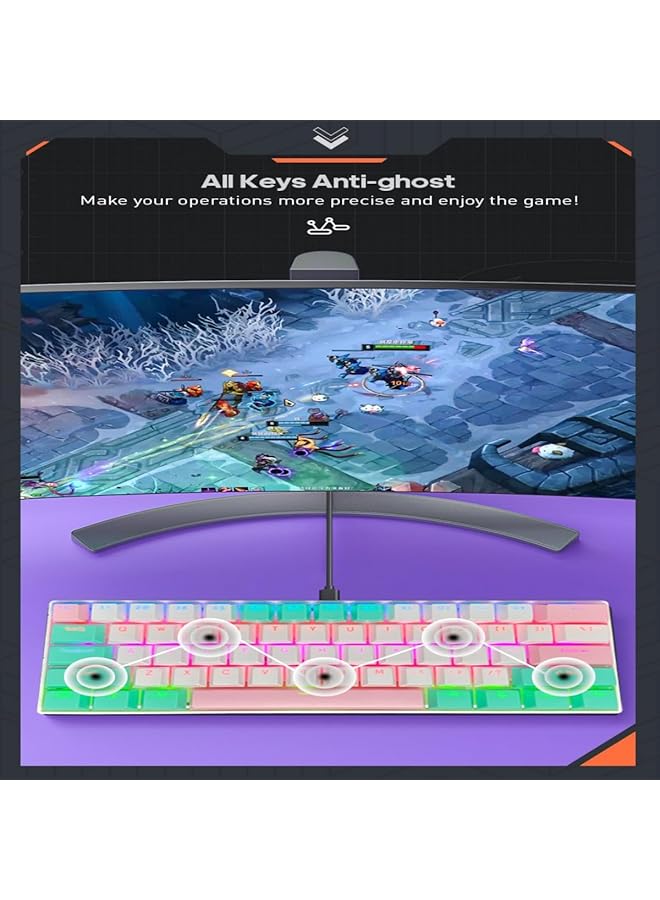 61 Keys Rgb Gaming Keyboard 60% Mini Wired Waterproof With Anti Ghosting Keyboard And Three Color Keycaps With Red Switch For Gamers(White Tiffany Green And Light Pink) - Image 3