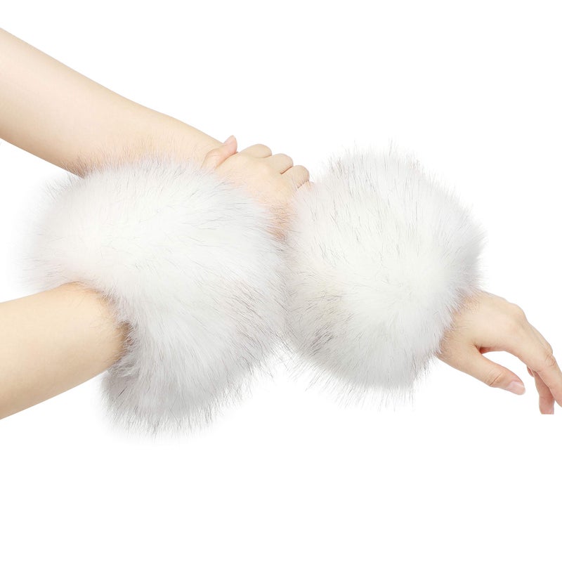LA CARRIE Women's Leopard Print Faux Fur Wrist Cuffs,Winter Fox Furry Bands Arm Warmer (White) - Image 3