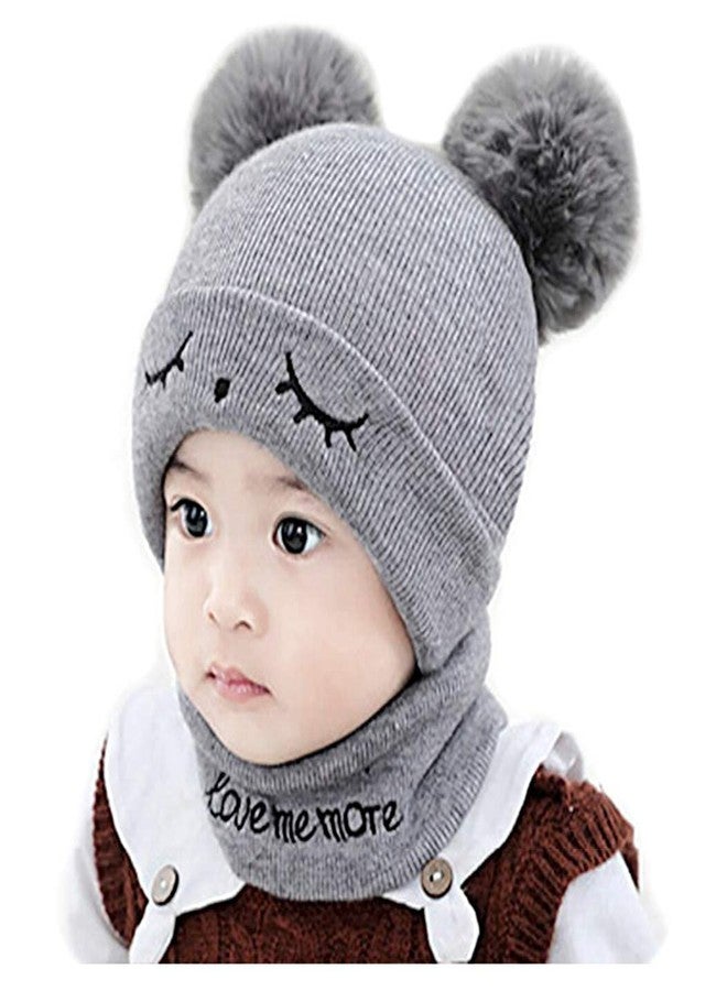 V3E Woolen Warm Double Pom Pom Cap Beanie Hat and Muffler Winter Accessories for Baby Boys and Girls (Grey)-(1-3 Years) - Image 1