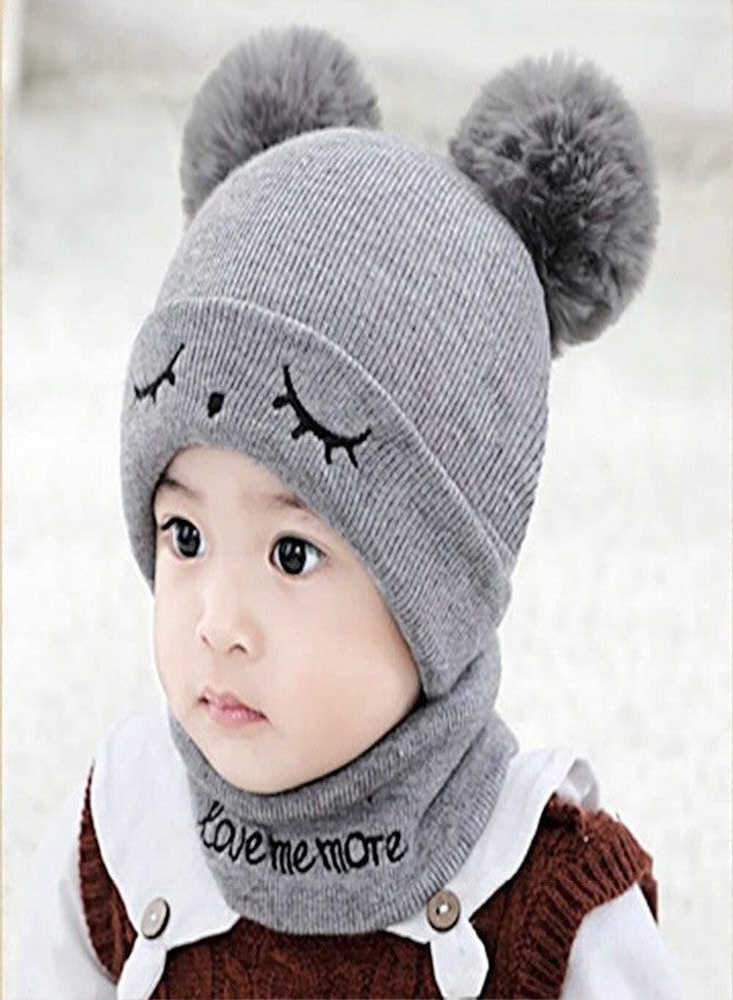 V3E Woolen Warm Double Pom Pom Cap Beanie Hat and Muffler Winter Accessories for Baby Boys and Girls (Grey)-(1-3 Years) - Image 2