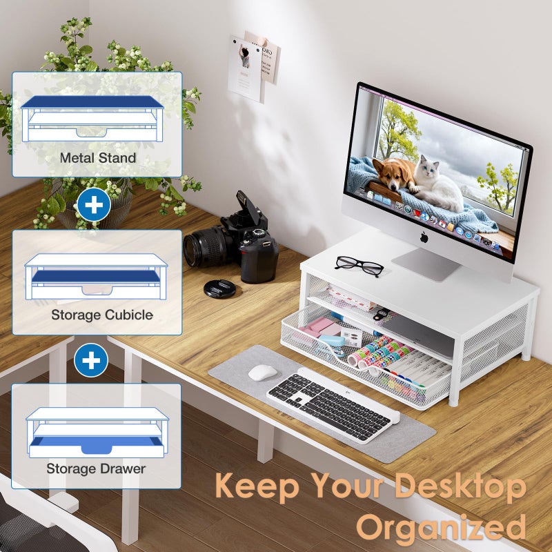 OPNICE Computer Monitor Stand Riser, Desk Organizer with Drawer, Laptop Stand, Office Desk Accessories & Workspace Desktop Organizers Storage for Office Supplies(White) - Image 5