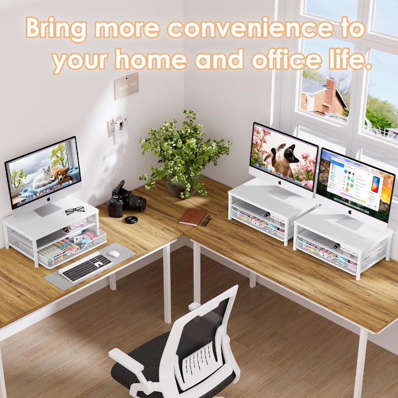 OPNICE Computer Monitor Stand Riser, Desk Organizer with Drawer, Laptop Stand, Office Desk Accessories & Workspace Desktop Organizers Storage for Office Supplies(White) - Image 4