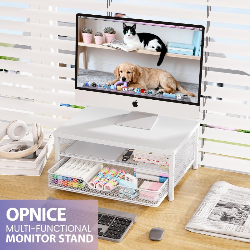 OPNICE Computer Monitor Stand Riser, Desk Organizer with Drawer, Laptop Stand, Office Desk Accessories & Workspace Desktop Organizers Storage for Office Supplies(White) - Image 3